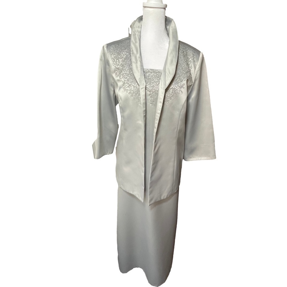 Anthony Richards 2-Piece Formal Maxi Dress and Embroidered Jacket Silver Satin